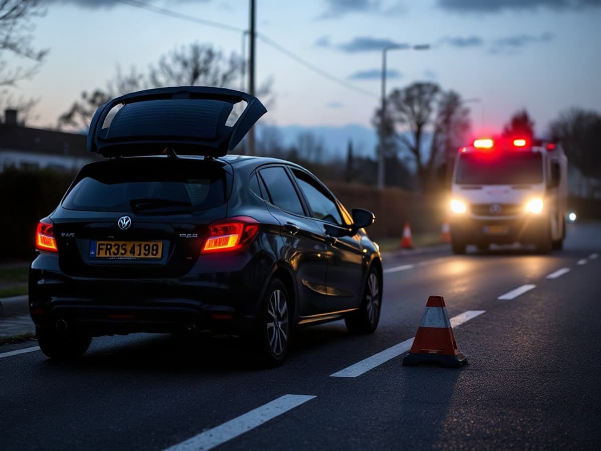 Voiture en panne sur le bas-côté au crépuscule, feux de détresse allumés, triangle posé derrière, dépanneuse qui approche